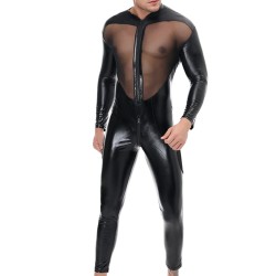 men transparent faux leather spliced with mesh jampsuit